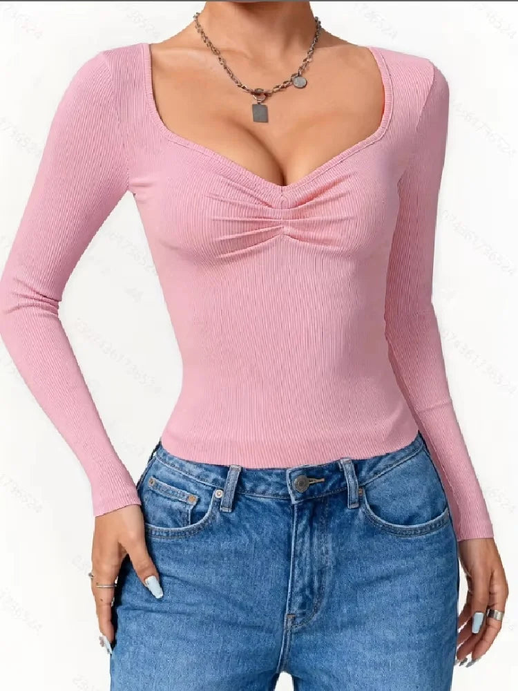 New Fashionable Casual Elegant Solid Color Long Sleeve Women's T-shirt Elegant Pure Color Long Sleeve Ladies' Top