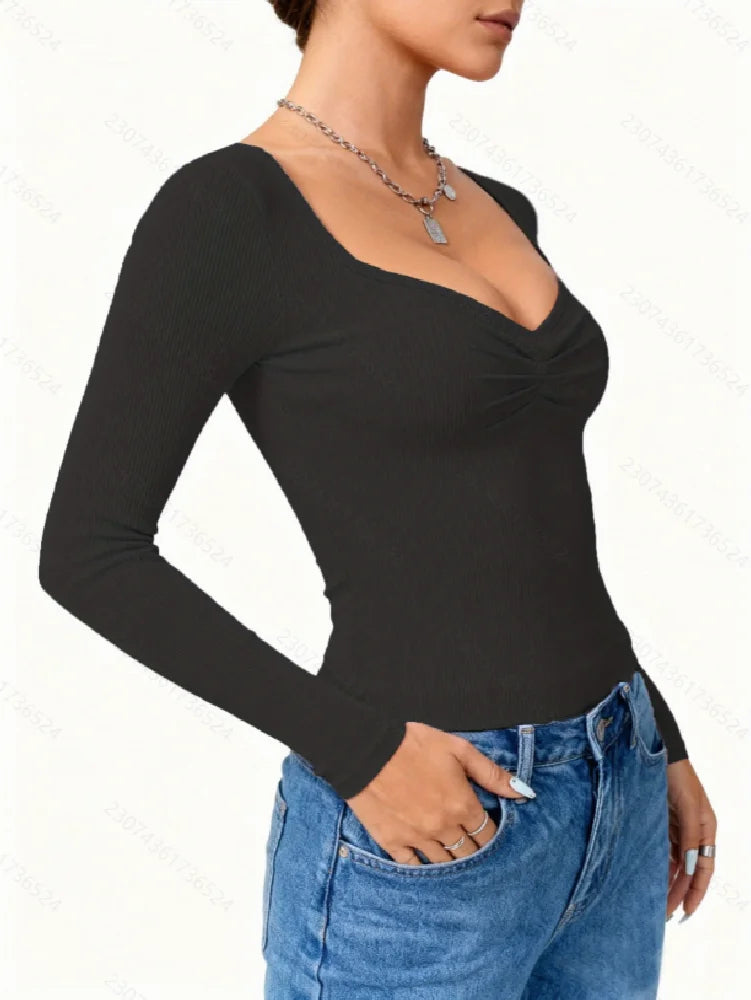 New Fashionable Casual Elegant Solid Color Long Sleeve Women's T-shirt Elegant Pure Color Long Sleeve Ladies' Top