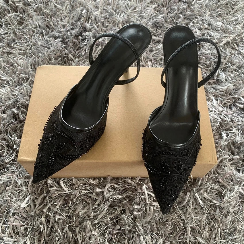Black Embroidered Mesh Slingback High Heels Sandals for Women Designer Shoes Woman Elegant Style Wedding Party Pumps
