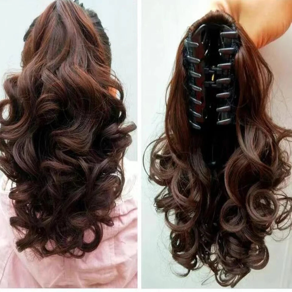 Synthetic Hair Ponytail Extensions Claw Clip in Hairpieces for Women High Temperture Fiber Short Wave Ponytail Black Brown