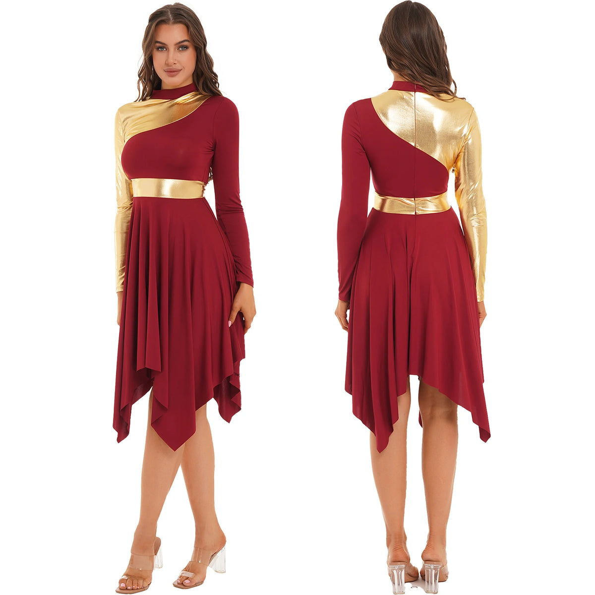 Women Modern Lyrical Dance Dress Waltz Ballroom Performance Costume Church Choir Worship Gown Long Sleeve Shiny Dancewear