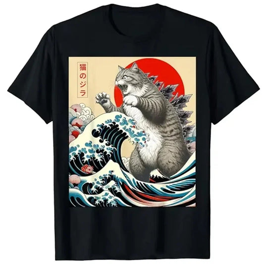 2025 Japanese Art Catzilla Cat Funny Cat Gifts For Women T-Shirt Unisex Cotton T Shirt O-neck Tops Tees Fashion Fitness T Shirt