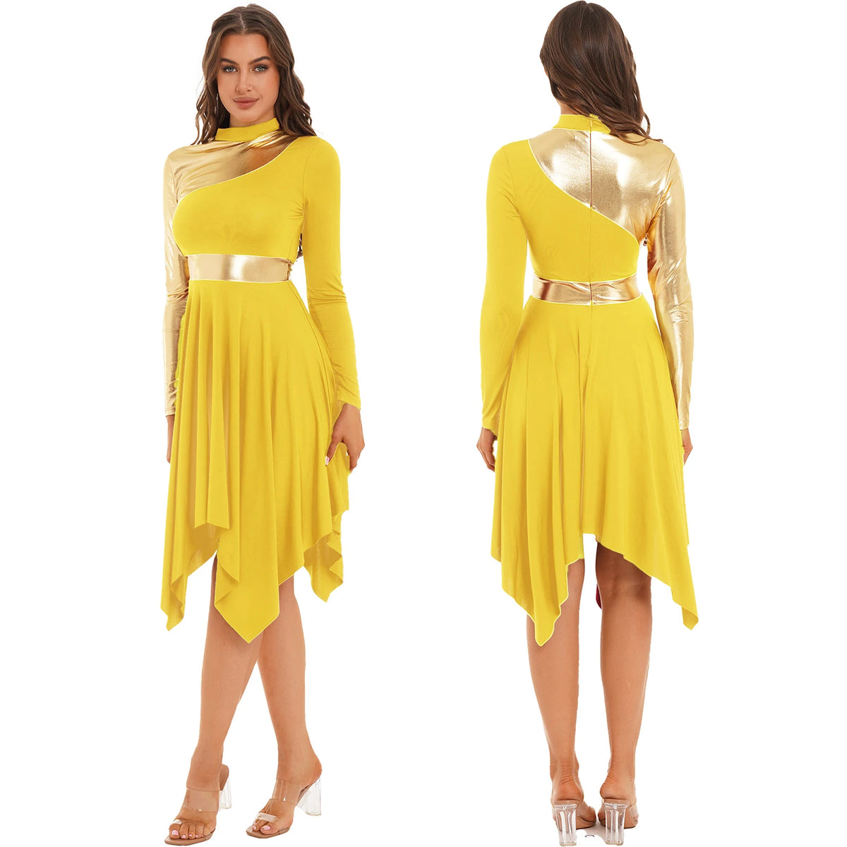 Women Modern Lyrical Dance Dress Waltz Ballroom Performance Costume Church Choir Worship Gown Long Sleeve Shiny Dancewear